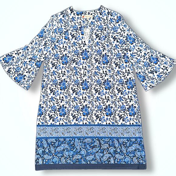 Jude Connally Blue Floral Paisley Dress Bell Sleeve Pockets NWOT Made in USA S - Picture 3 of 9
